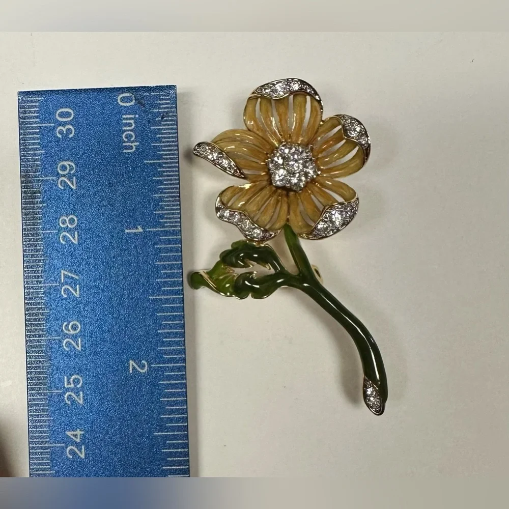 1980s Nolan Miller Peach Enameled & Rhinestone Floral Brooch